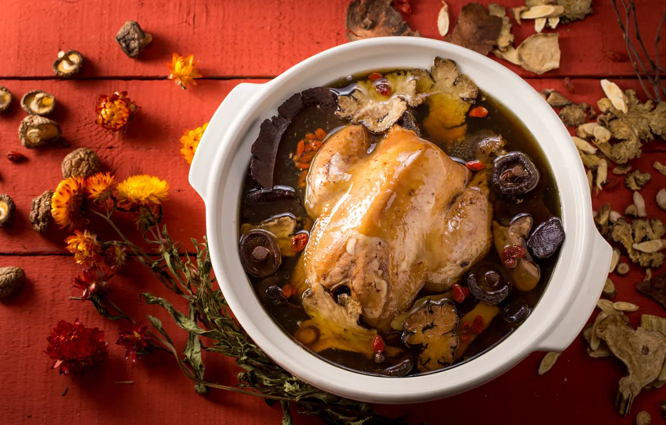 Photo wallpaper mushrooms, food, chicken