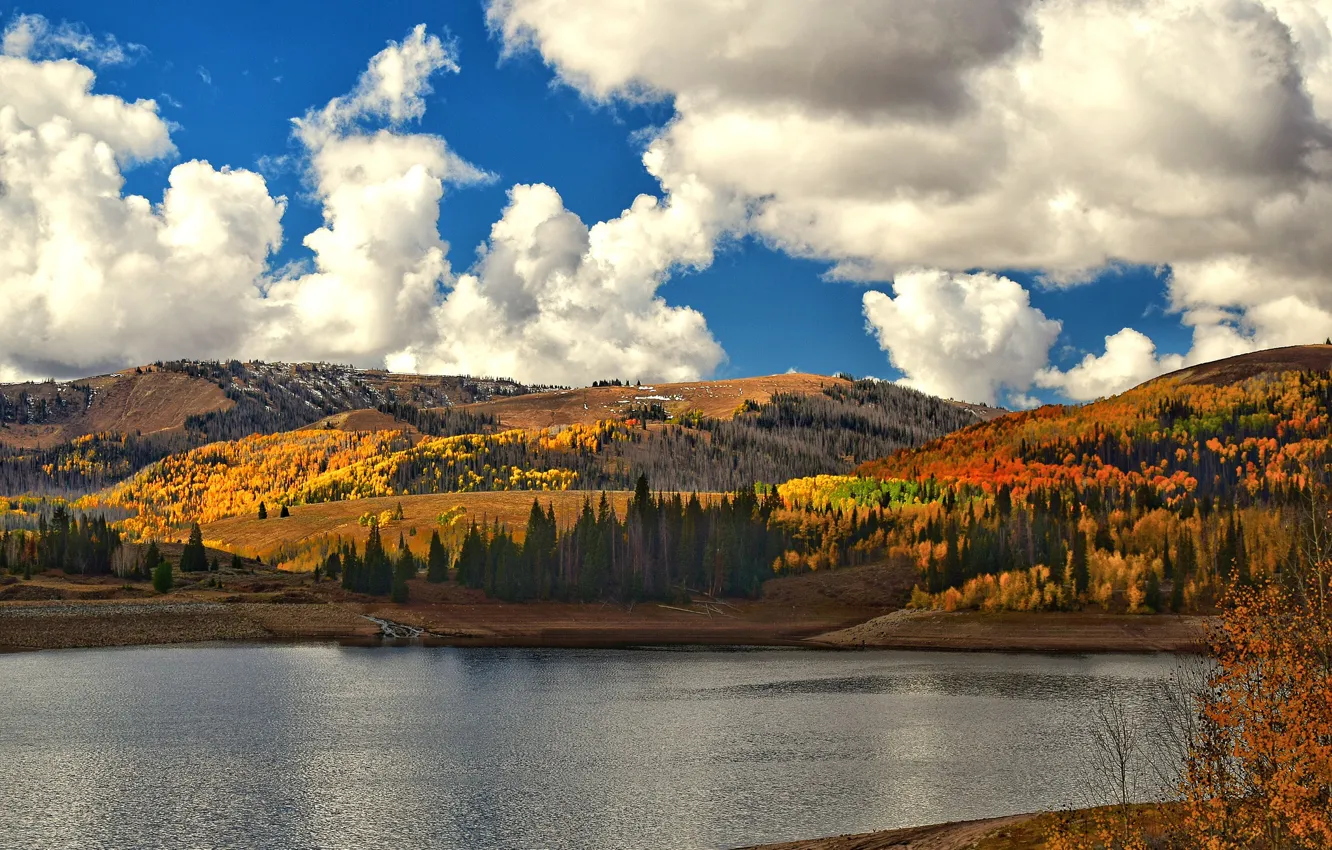Photo wallpaper autumn, clouds, lake, hills, orange, autumn colors, sunlight, countryside