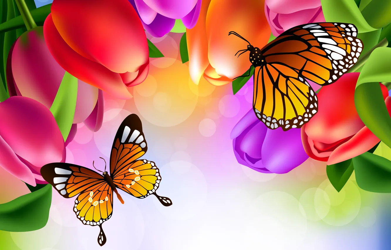 Photo wallpaper butterfly, flowers, figure, tulips, brightness