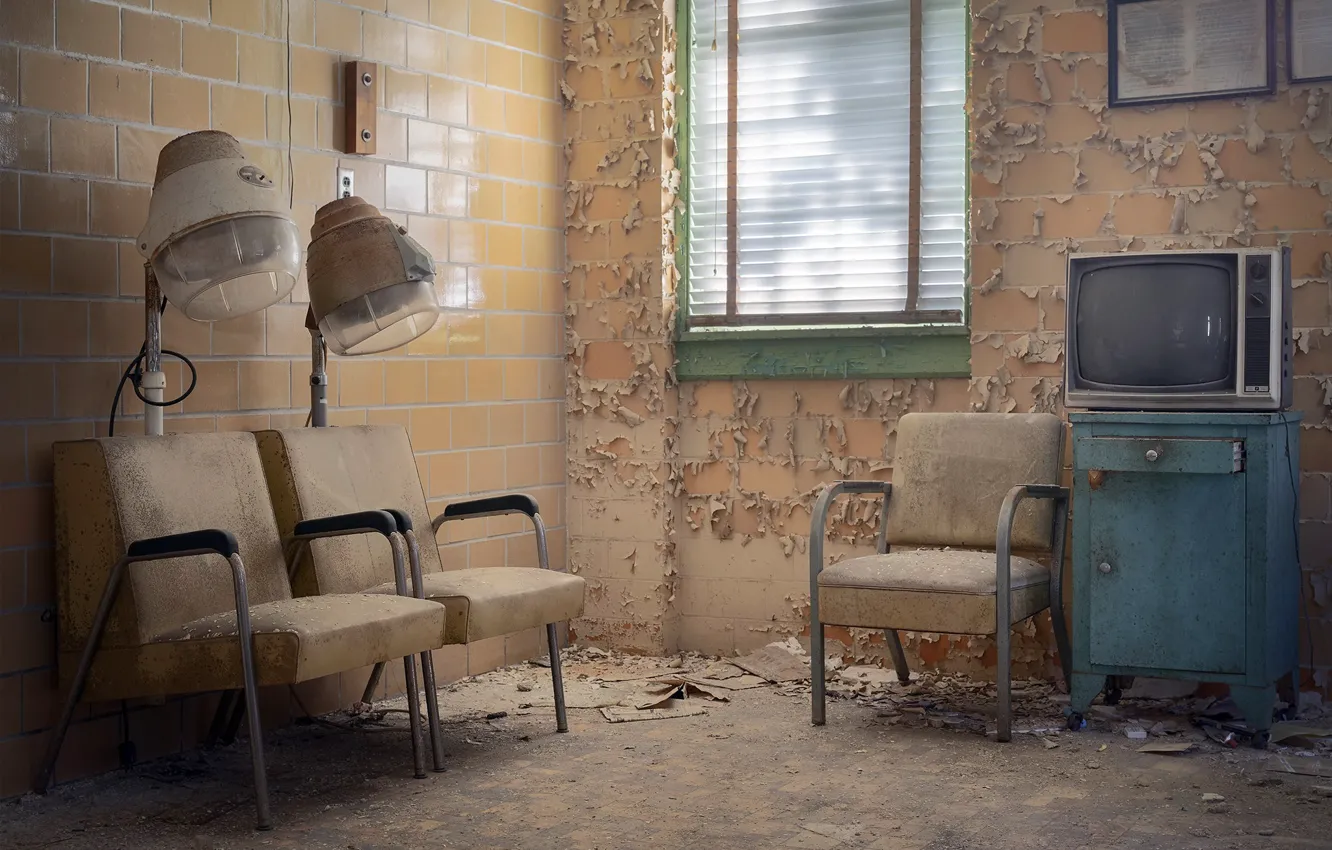 Photo wallpaper room, TV, chair