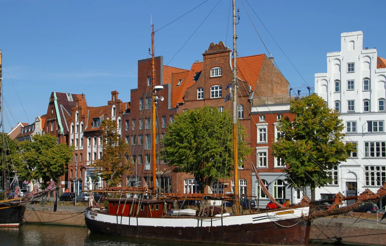 Photo wallpaper building, sailboat, Germany, Lubeck, promenade, Germany, galeas, Lübeck