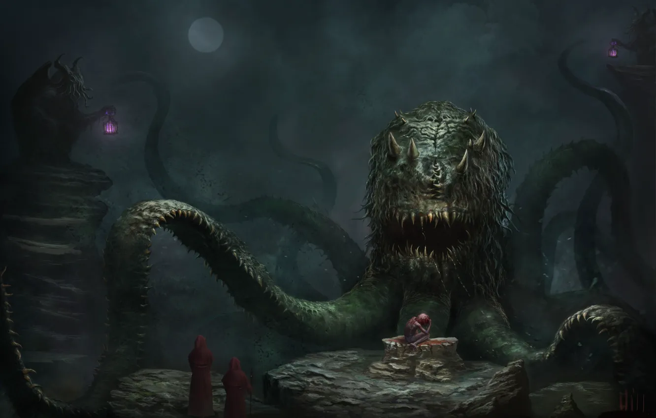 Photo wallpaper the victim, people, monster, octopus, octopus, sacrifice