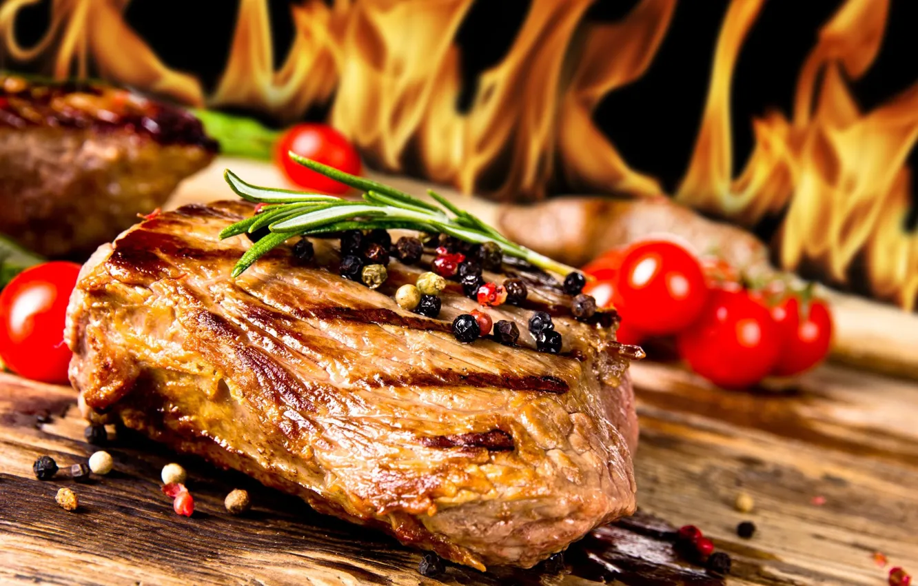 Photo wallpaper fire, flame, meat, spices, steak, grill