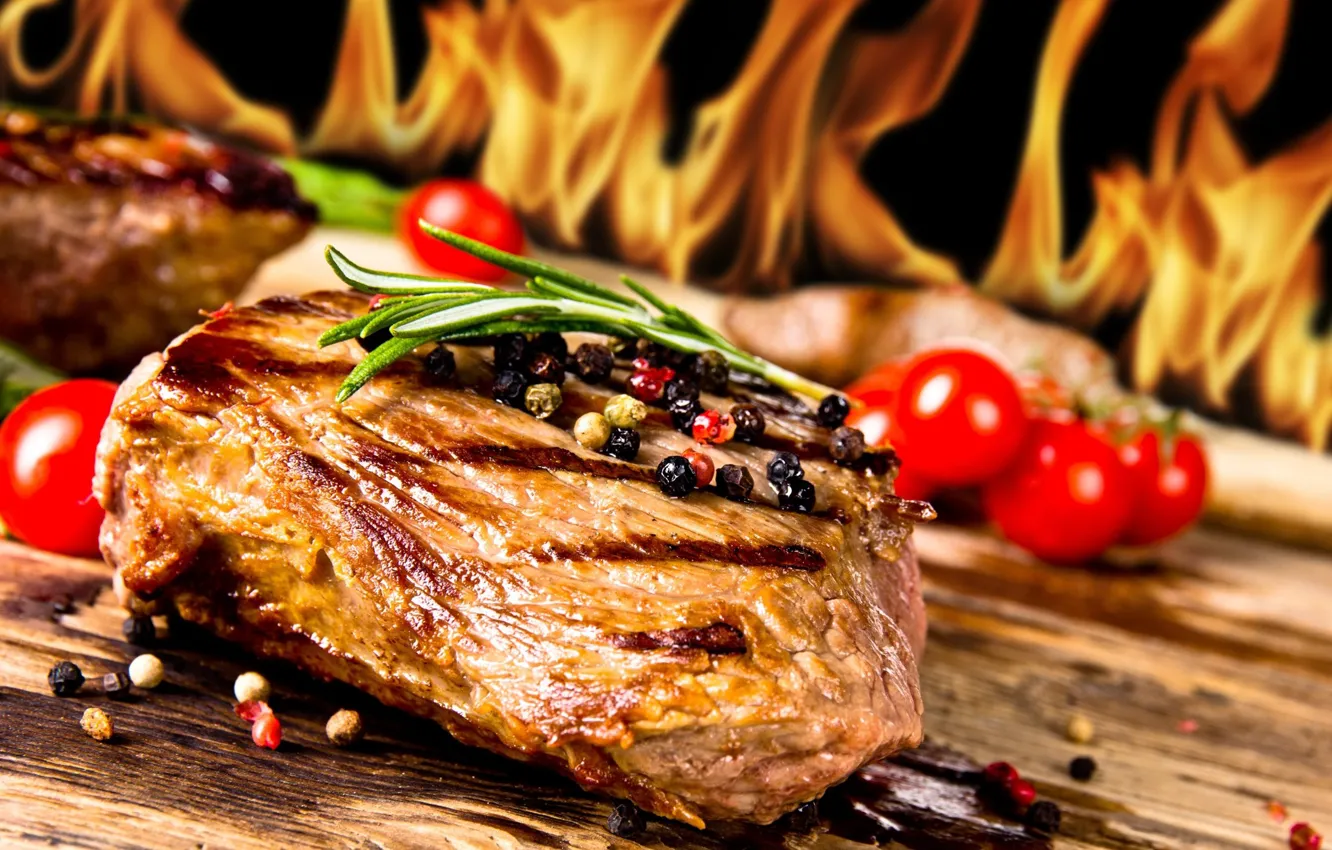Photo wallpaper lights, flame, meat, spices, steak, grill