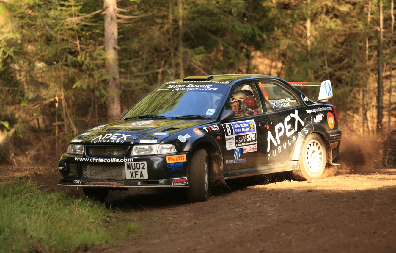 Photo wallpaper forest, turn, dirt, Mitsubishi, Evolution, Rally, Evo VI