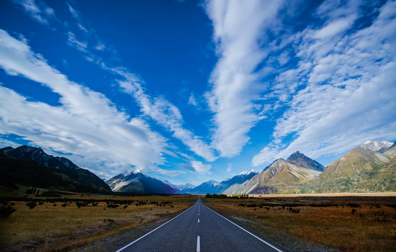 Photo wallpaper road, the sky, clouds, mountains, blue, blue, track, New Zealand