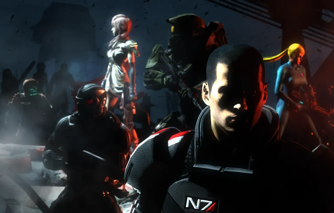 Photo wallpaper dark, Halo, dead space, mass effect, Lightning, shepard, Mster Chief, final fantasy 13