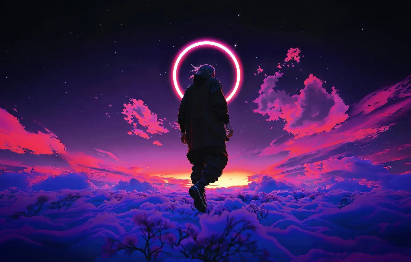 Photo wallpaper Clouds, Dreams, Eclipse, Digital Art, Meditation, Meditation, The halo, Walking on clouds
