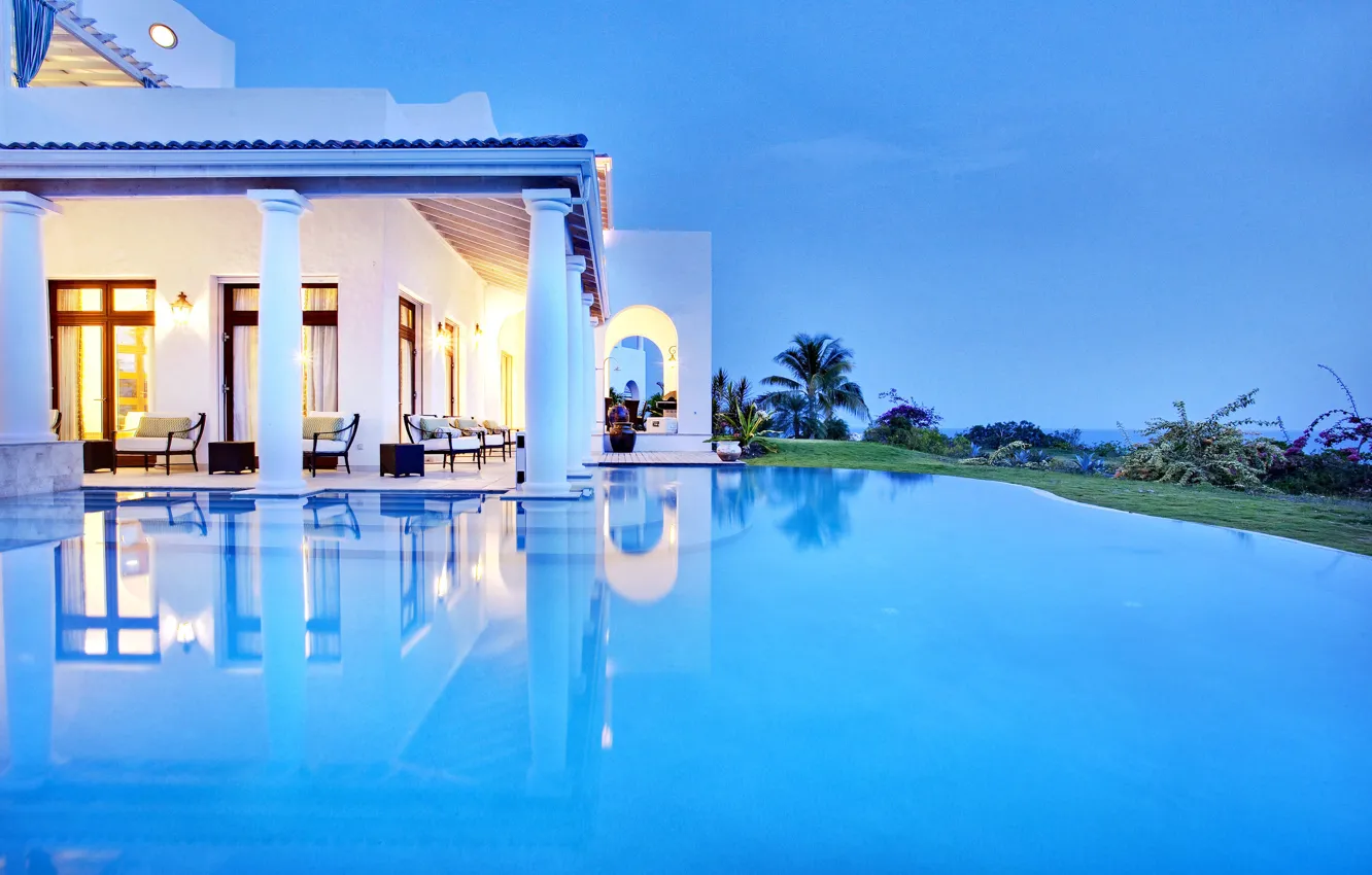 Photo wallpaper palm trees, Villa, the evening, pool, lighting, architecture, resort