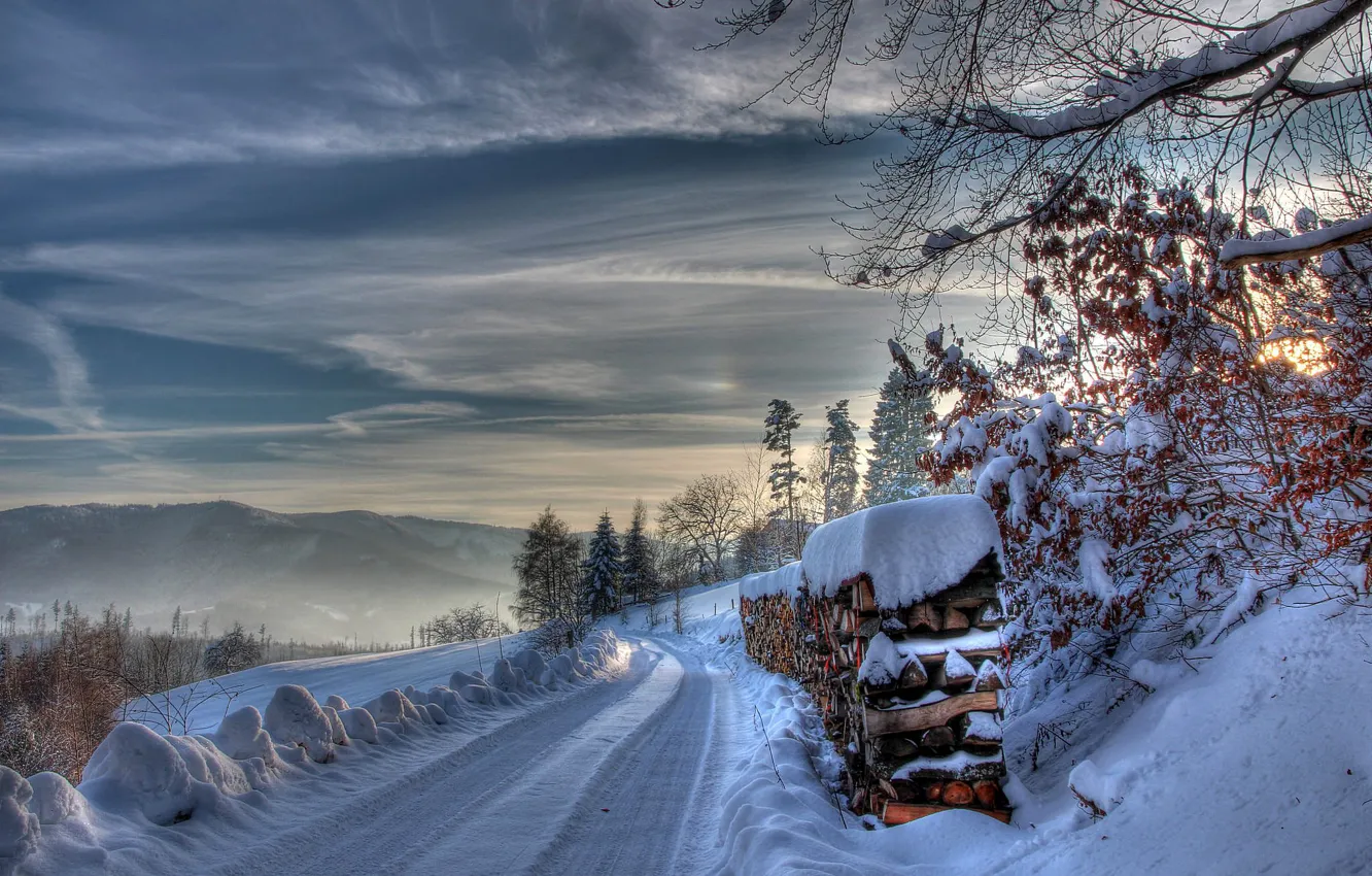 Photo wallpaper winter, road, snow, wood