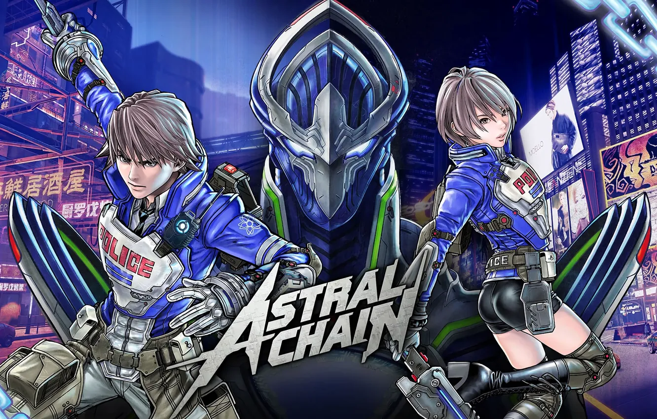 Photo wallpaper girl, the city, weapons, fiction, advertising, armor, guy, Astral Chain