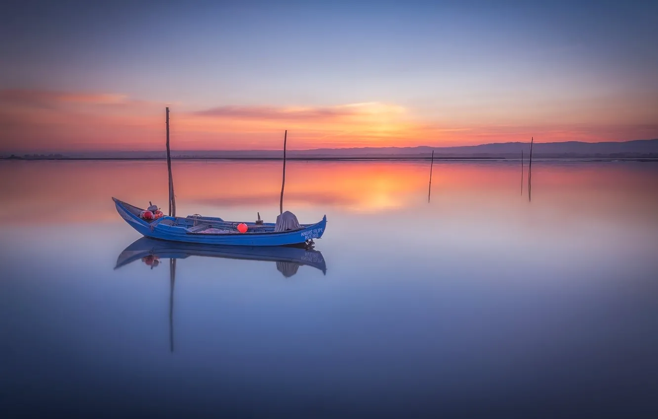 Photo wallpaper sea, sunrise, dawn, boat, morning, Portugal, Portugal, Lagoon Of Aveiro