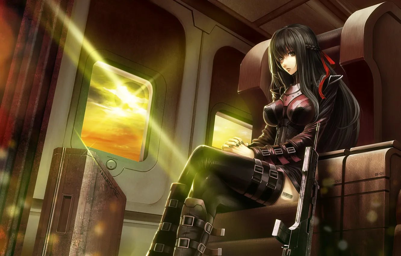 Photo wallpaper girl, the sun, sunset, weapons, chair, cars, window, art