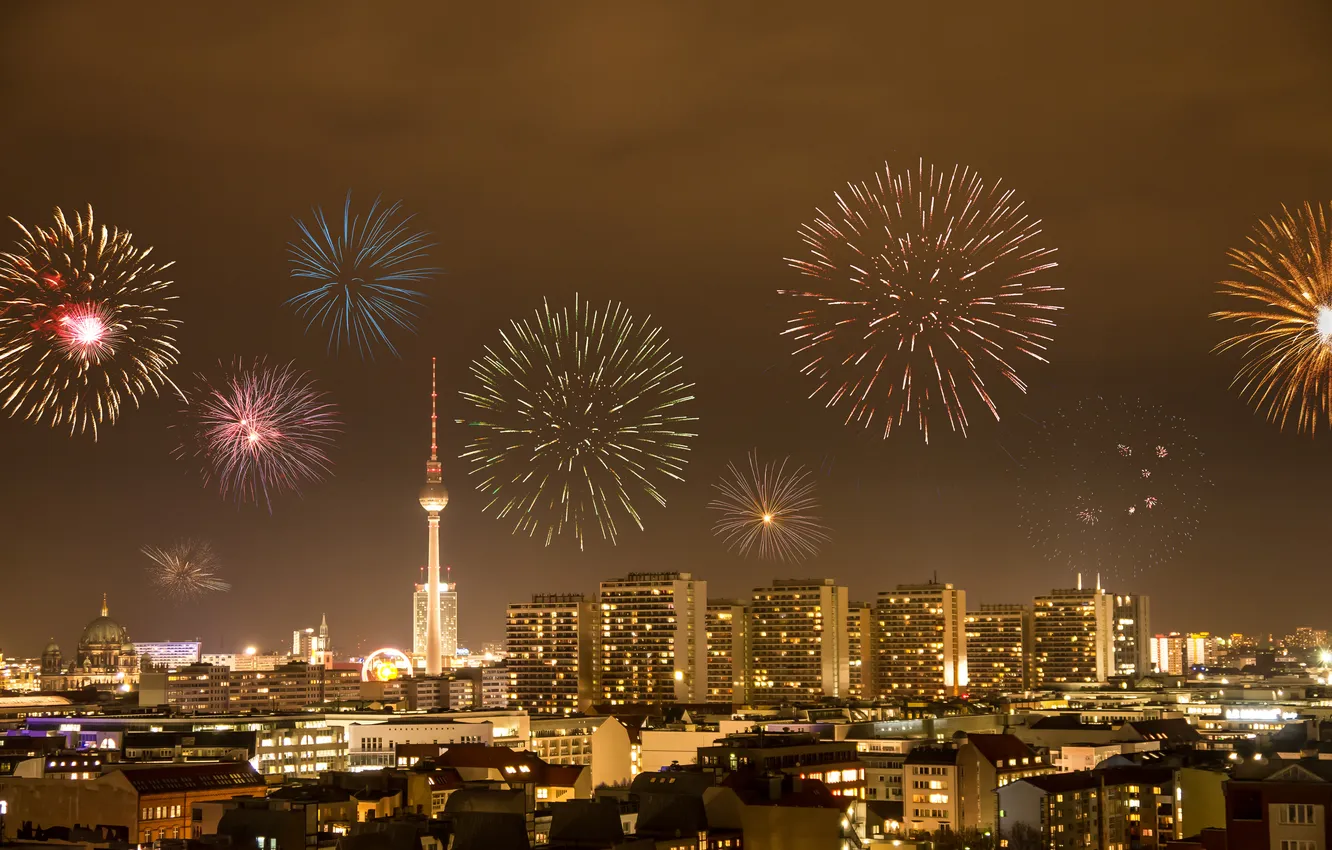 Photo wallpaper city, the city, lights, lights, building, Germany, fireworks, Germany