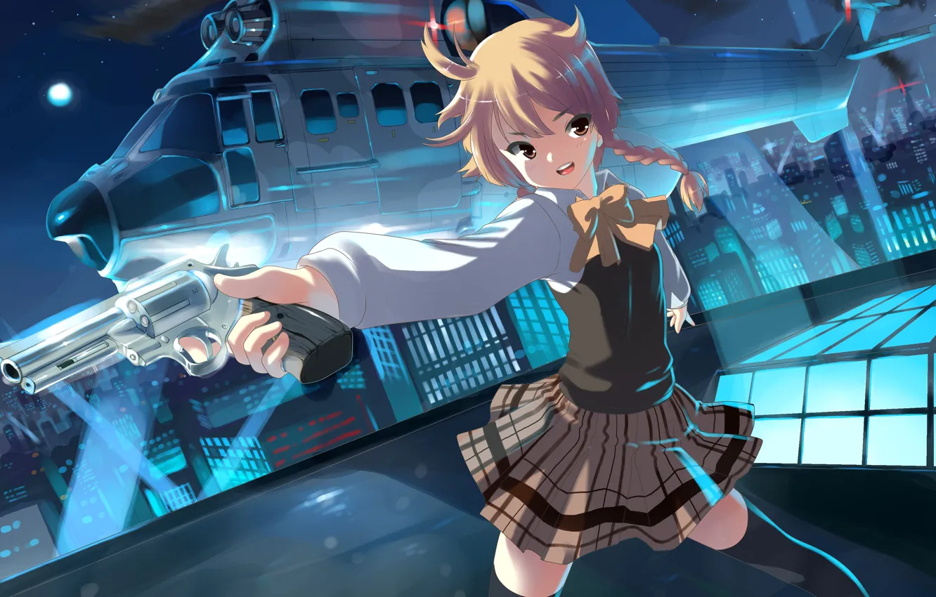 Photo wallpaper girl, helicopter, revolver