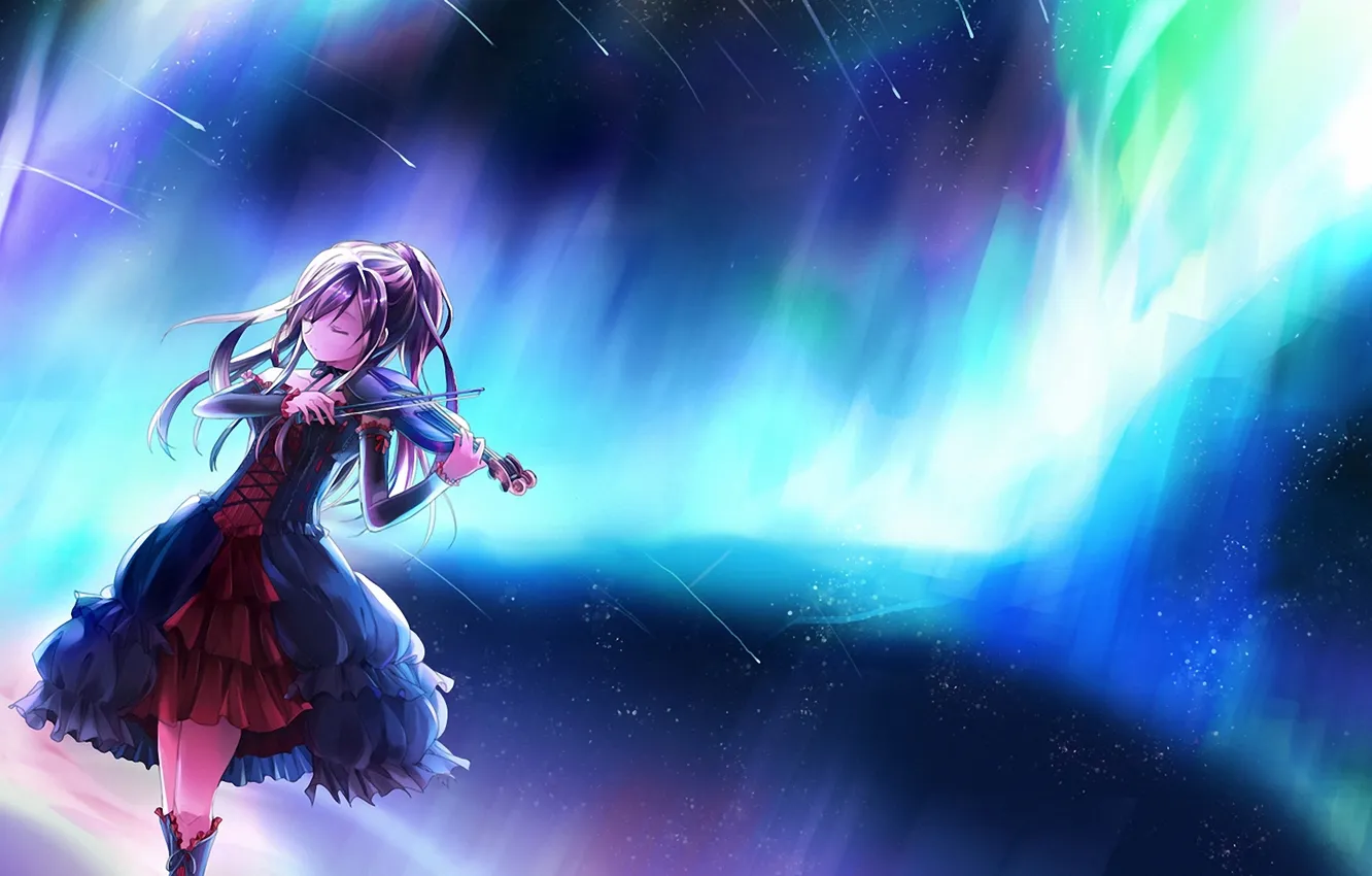 Photo wallpaper girl, violin, Northern lights, curls