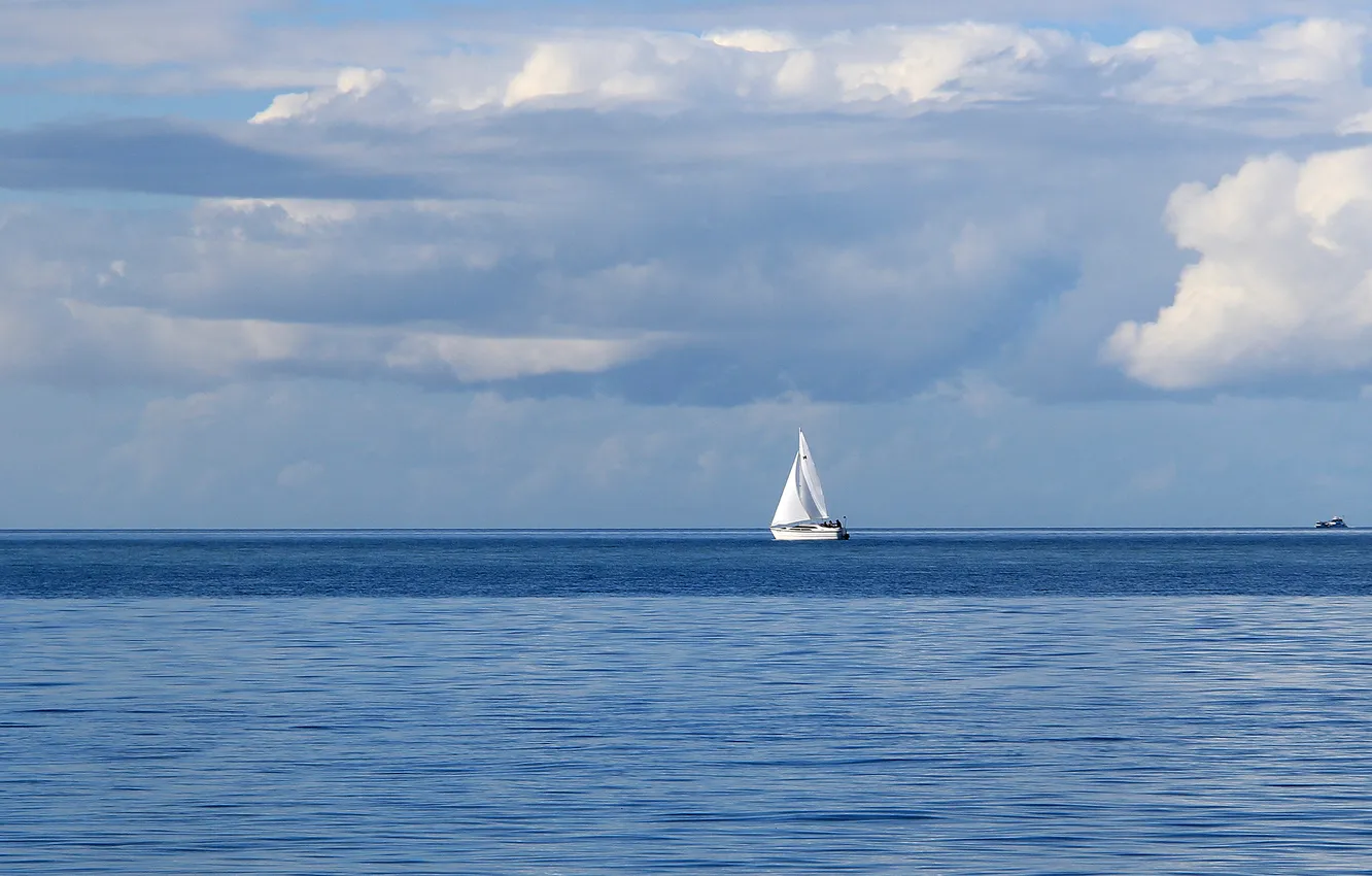 Photo wallpaper sea, clouds, sailboat, horizon