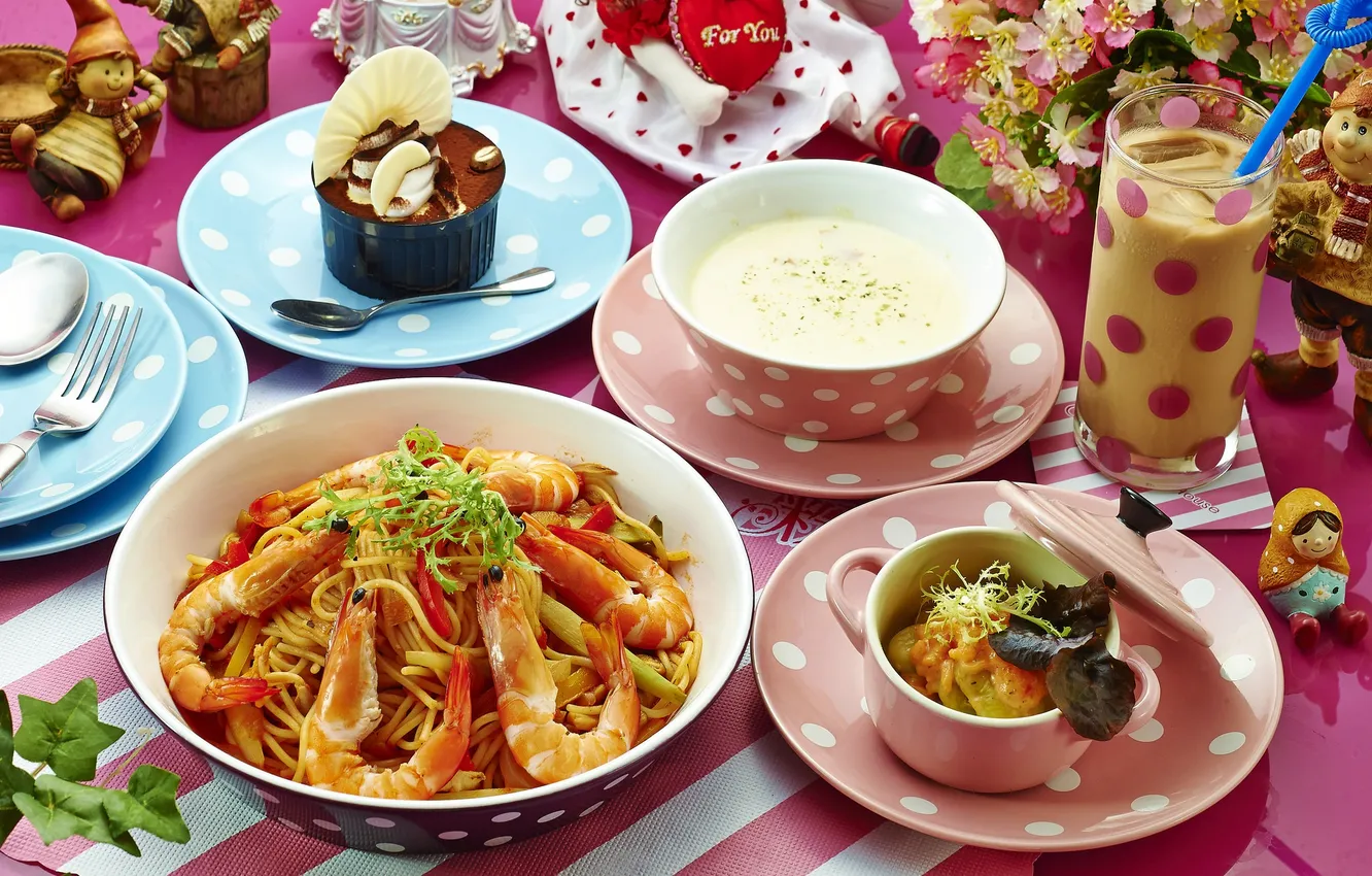 Photo wallpaper soup, cocktail, dessert, dish, salad, shrimp, cuts, pasta