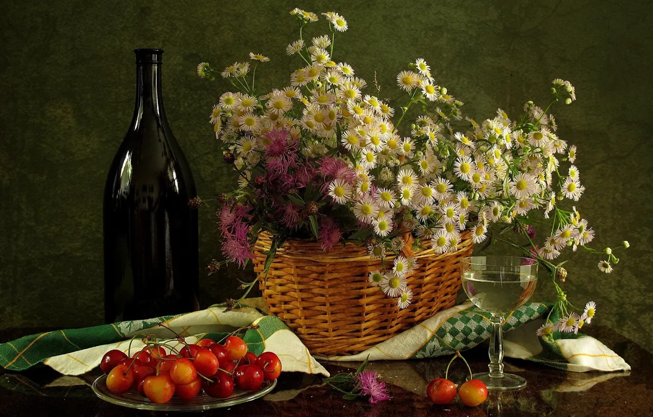 Photo wallpaper flowers, basket, glass, bottle, still life, chrysanthemum