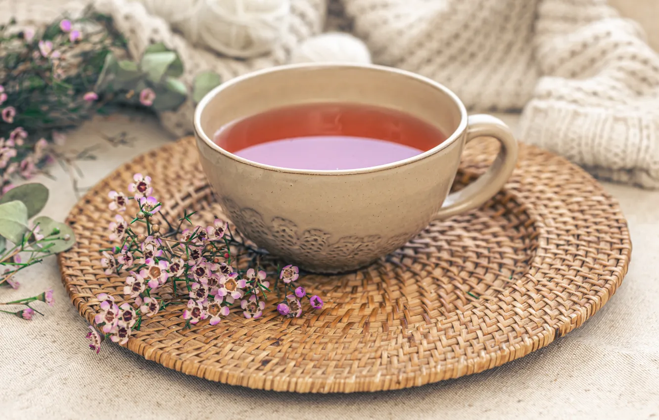 Photo wallpaper flowers, comfort, tea, the tea party, mug, Cup, stand, a bunch