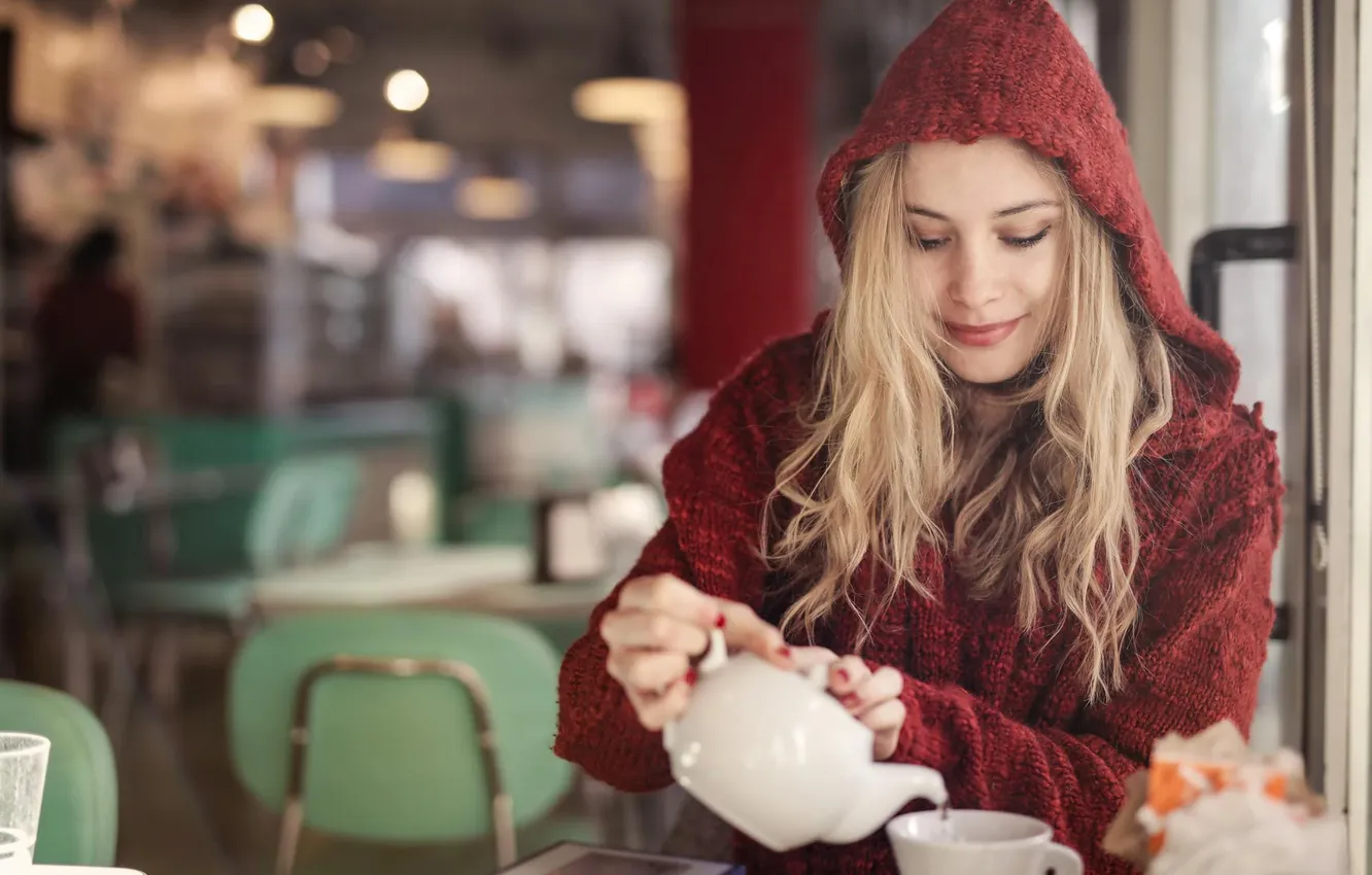 Photo wallpaper girl, blonde, hood, cafe, good mood, pours tea, warm hoodie