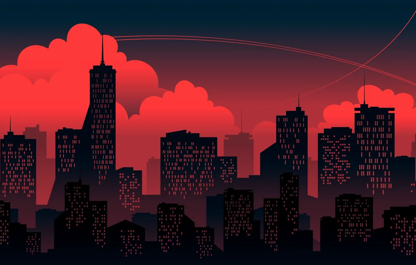 Photo wallpaper Sunset, Red, Clouds, Minimalism, The city, Building, The building, Background