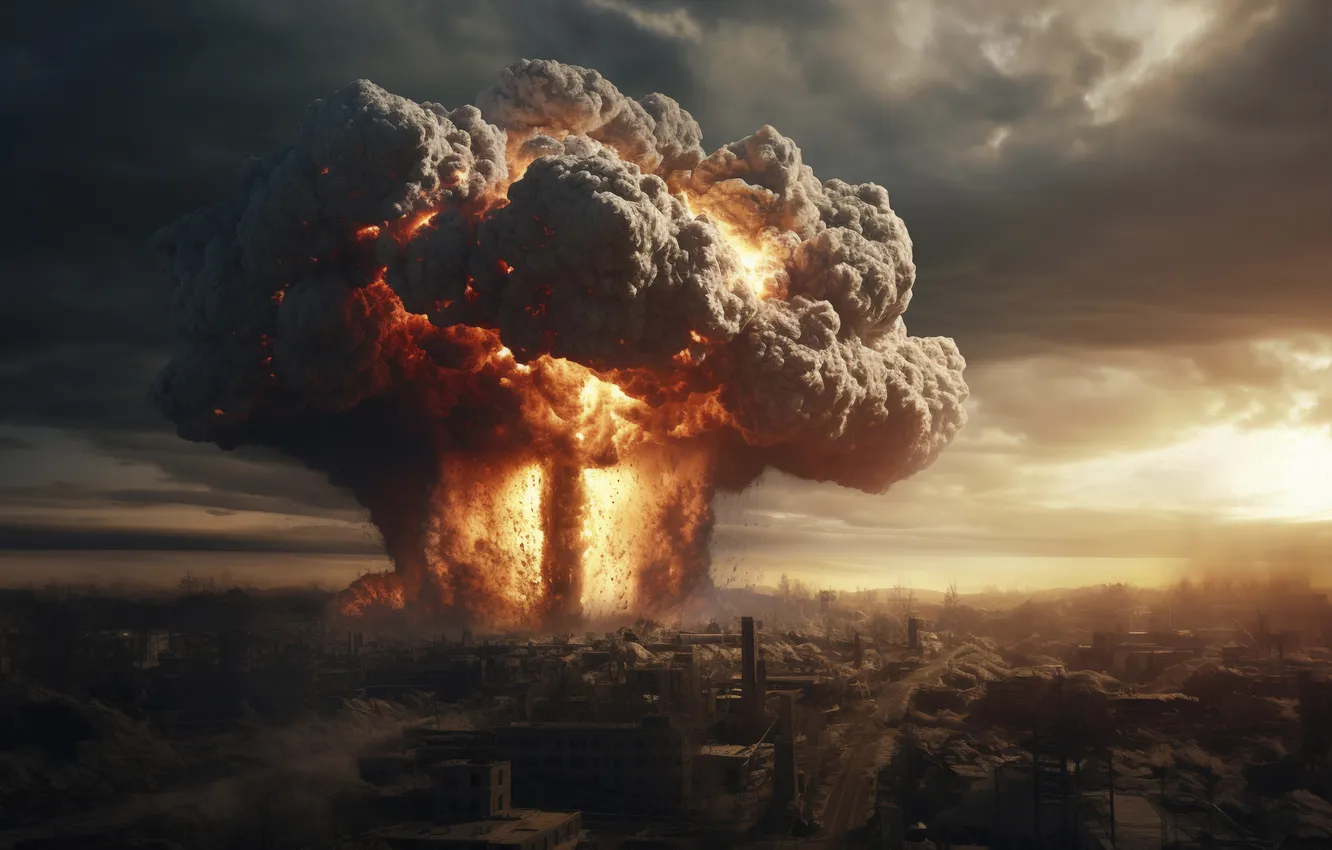 Photo wallpaper Home, The city, Fire, Mushroom, The explosion, Clouds, Digital art, A nuclear explosion