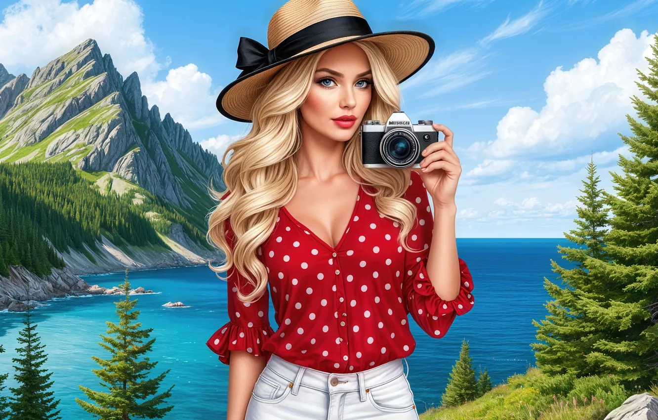 Photo wallpaper forest, the sky, look, girl, mountains, pose, hat, the camera