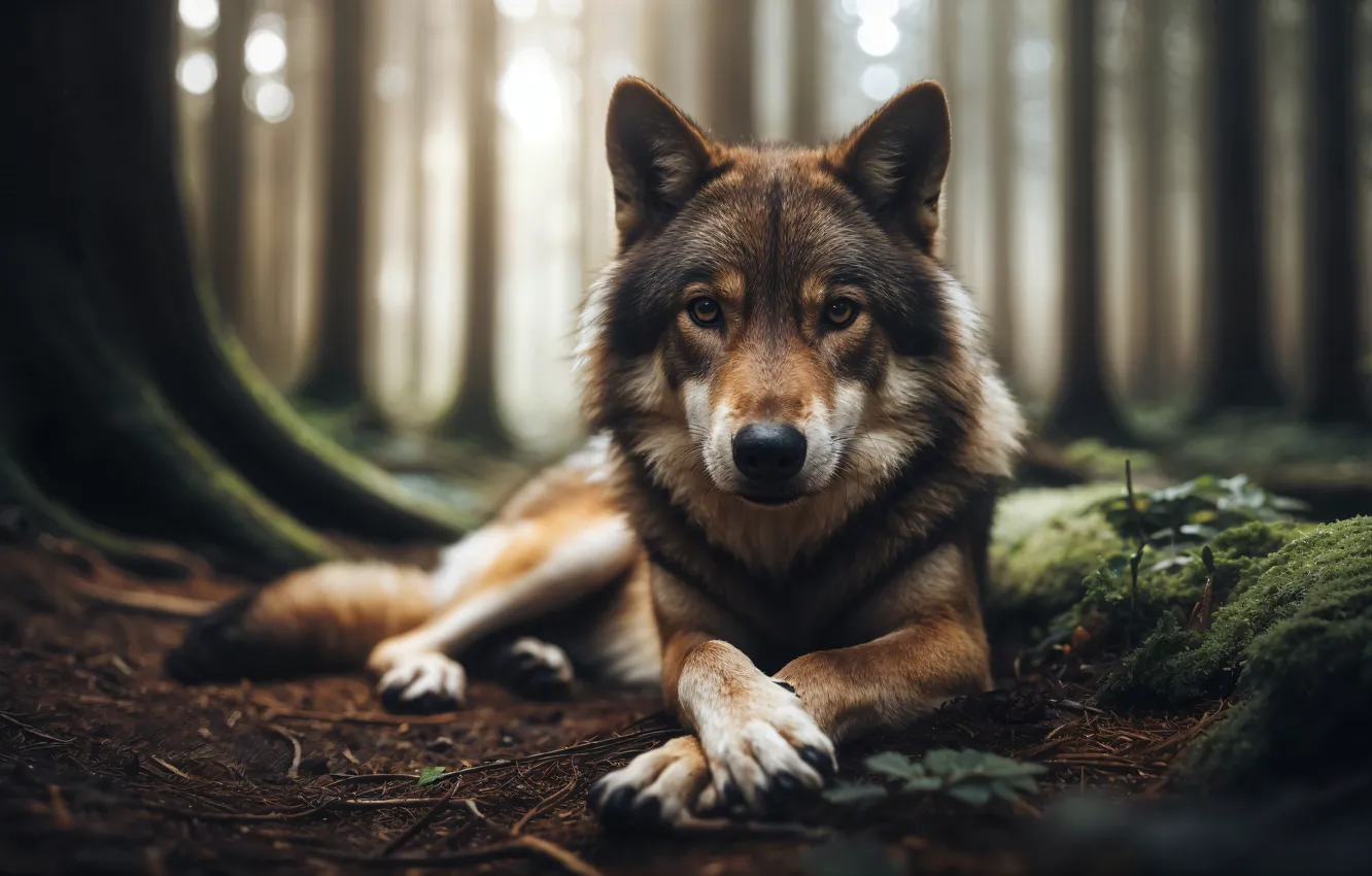 Photo wallpaper forest, look, face, grey, wolf, paws, lies, AI art