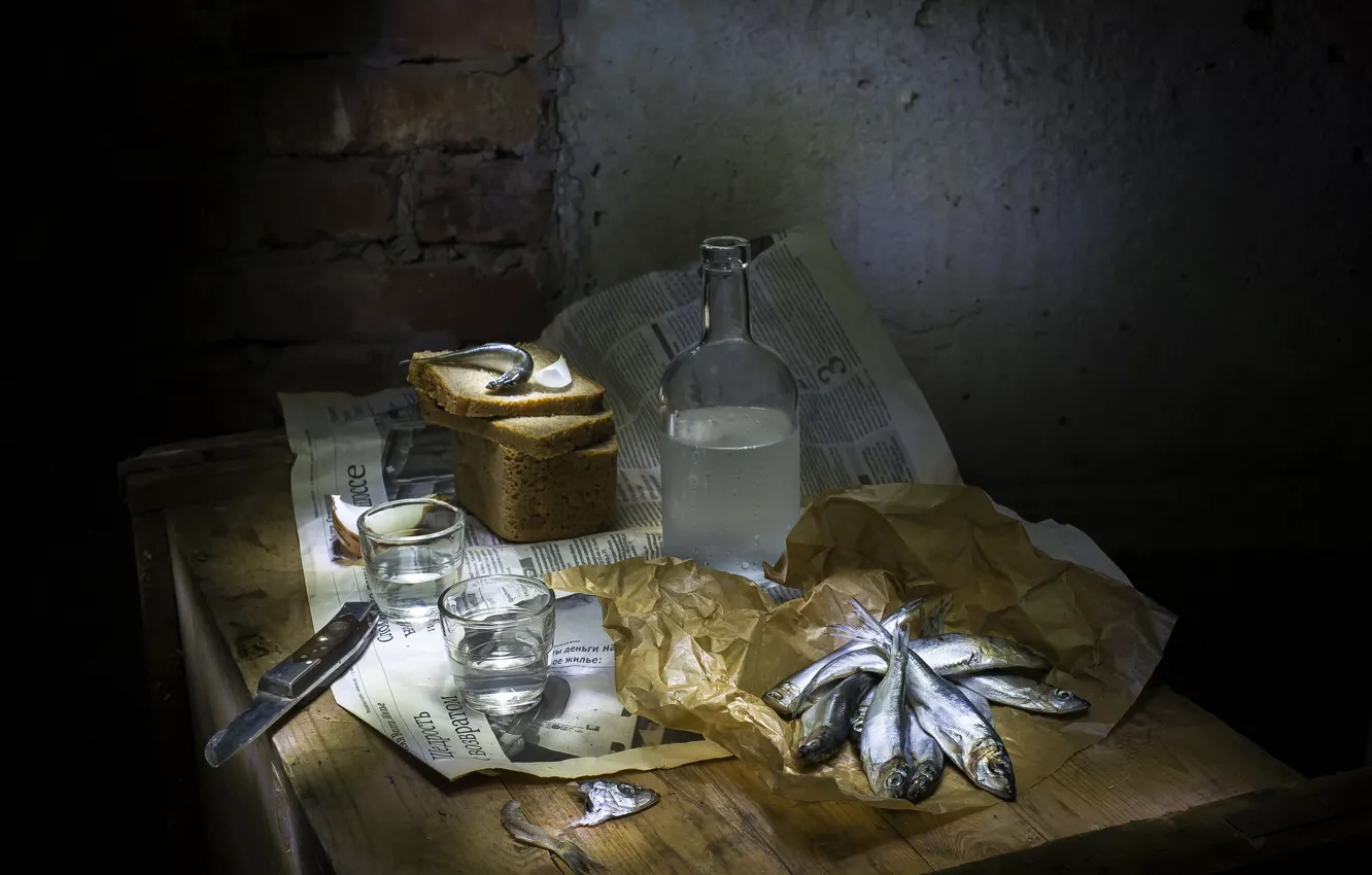 Photo wallpaper light, paper, table, wall, bottle, brick, fish, bread