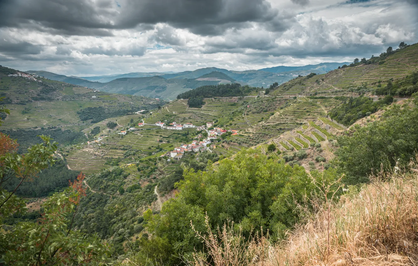 Photo wallpaper Nature, Clouds, Mountains, Panorama, Village, Portugal, Nature, Clouds