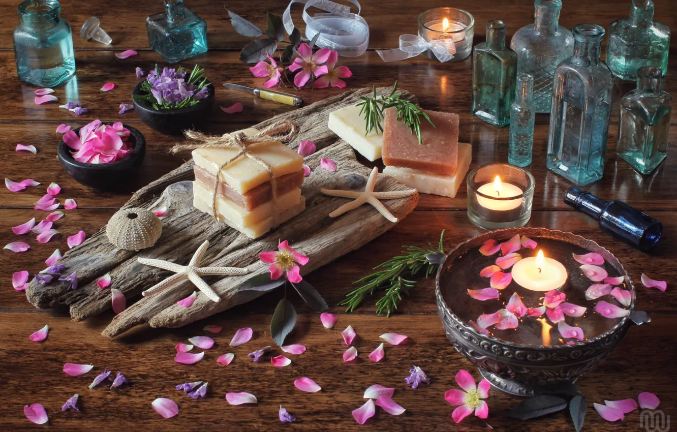 Photo wallpaper candles, petals, soap, briar, bottle, starfish, still life, rosemary