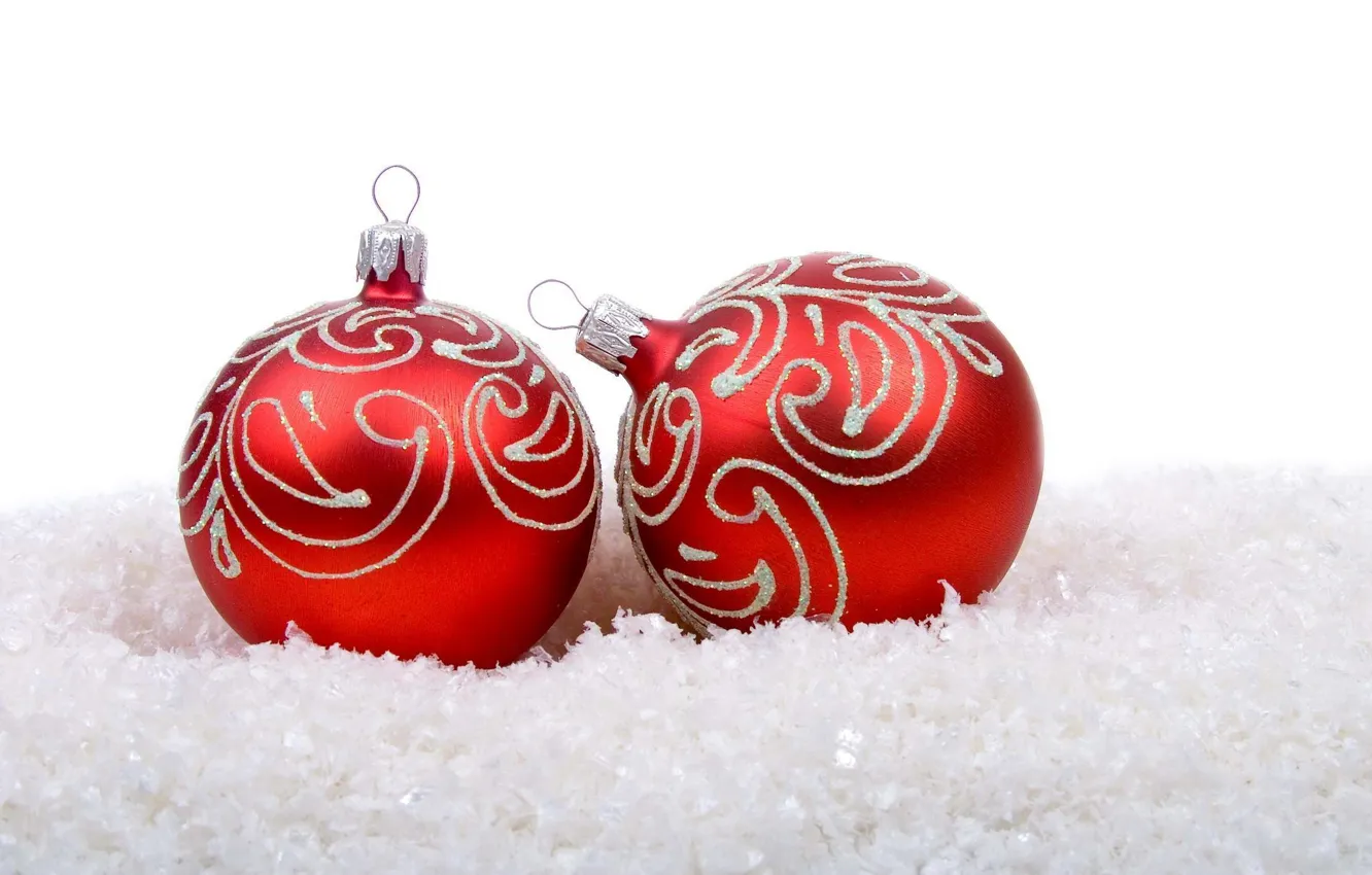 Photo wallpaper snow, red, holiday, balls, new year, Christmas, white background, Christmas