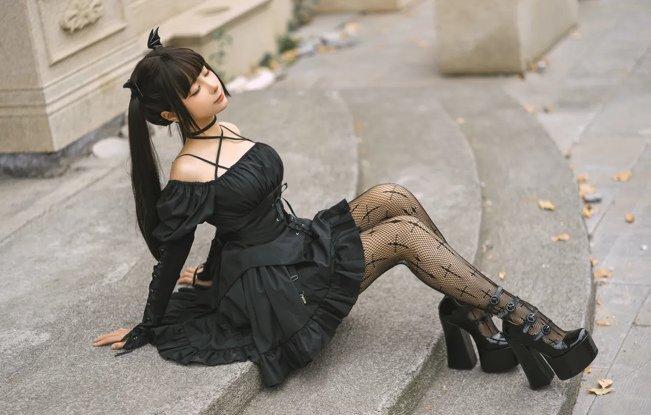 Photo wallpaper stockings, ASIAN GIRL, shoes, dress, ЧЁРНЫЙ