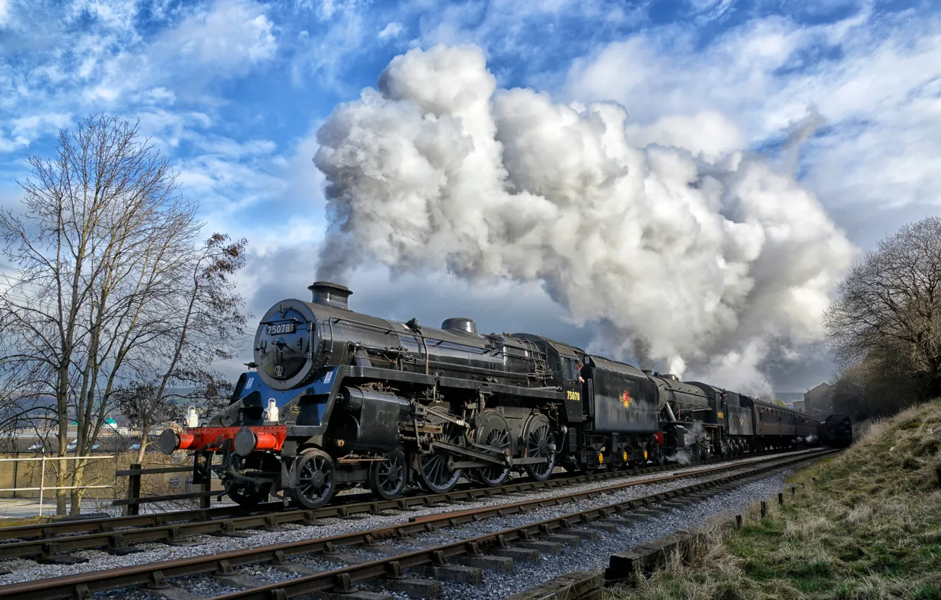 Photo wallpaper the way, smoke, train, the engine, cars, railroad