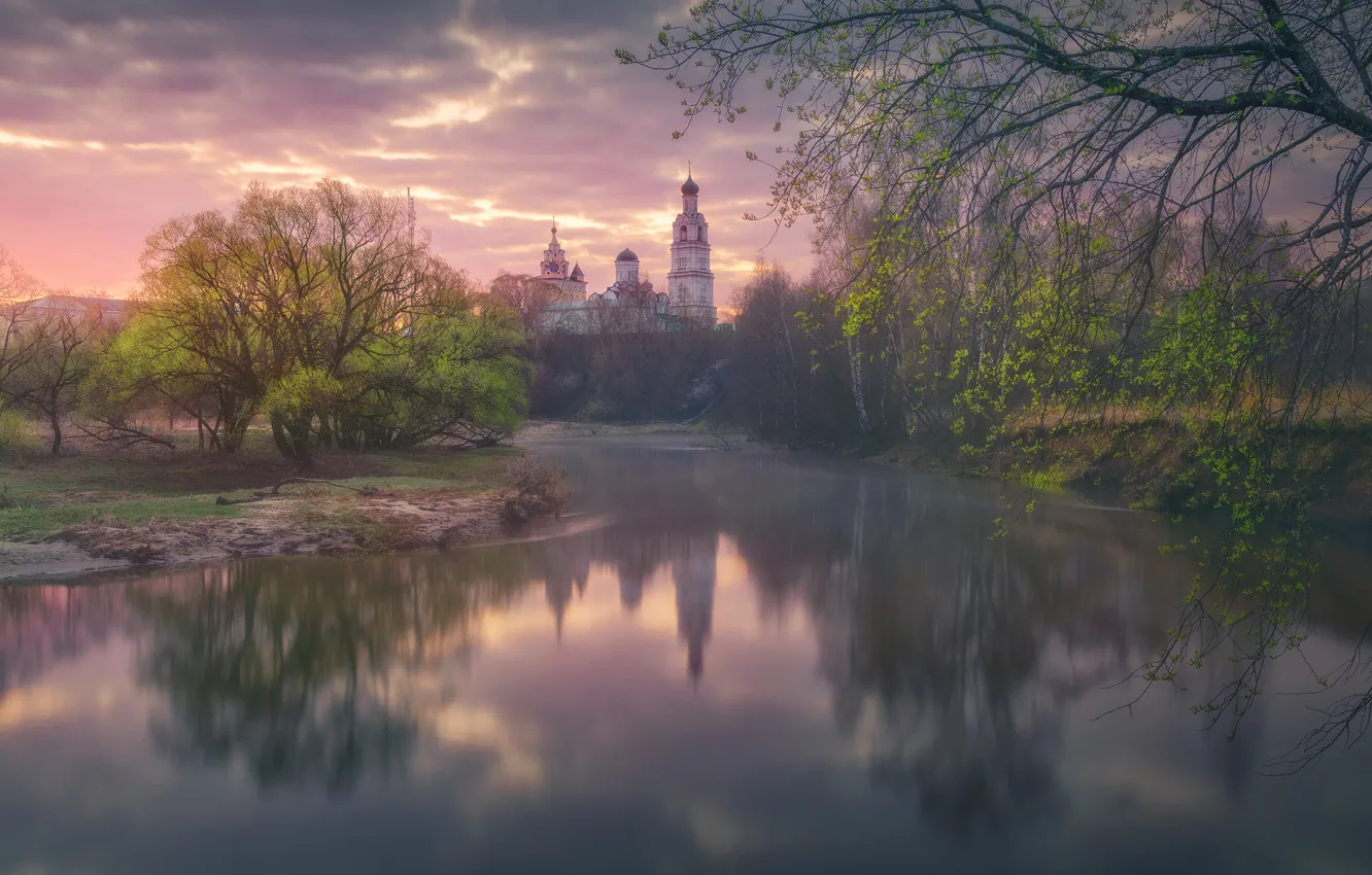 Photo wallpaper the sky, trees, sunset, nature, river, Church, temple, Politova Anna
