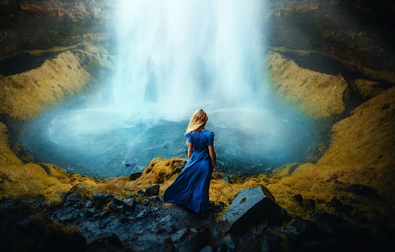 Photo wallpaper girl, waterfall, dress, Ronny Garcia, Beautiful dream