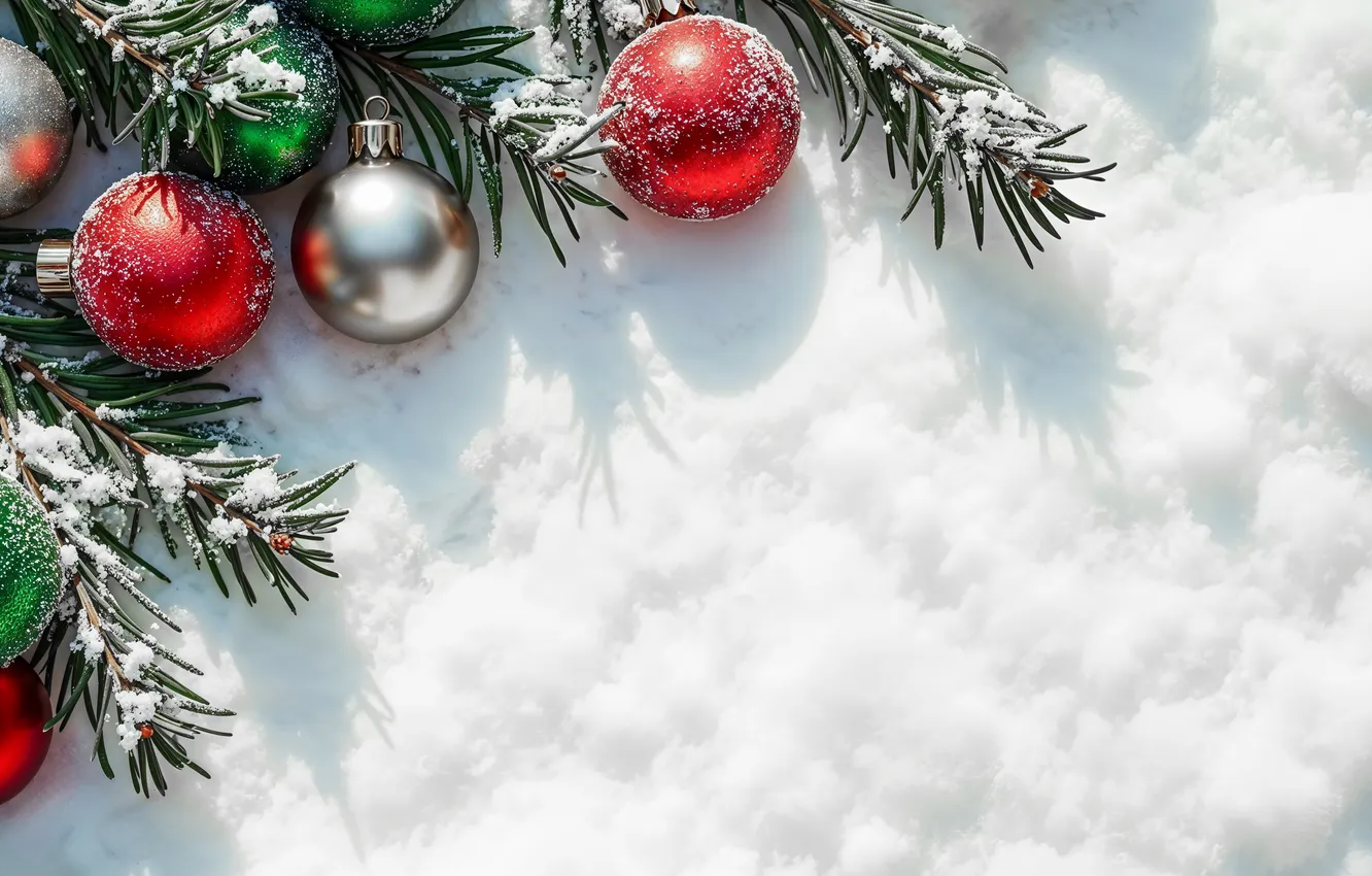 Photo wallpaper snow, decoration, balls, new year, Christmas, Christmas, balls, snow