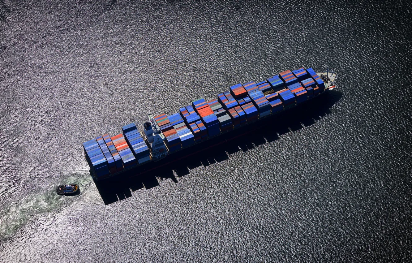 Photo wallpaper sea, water, the ocean, tug, The ship, the view from the top, A container ship, …