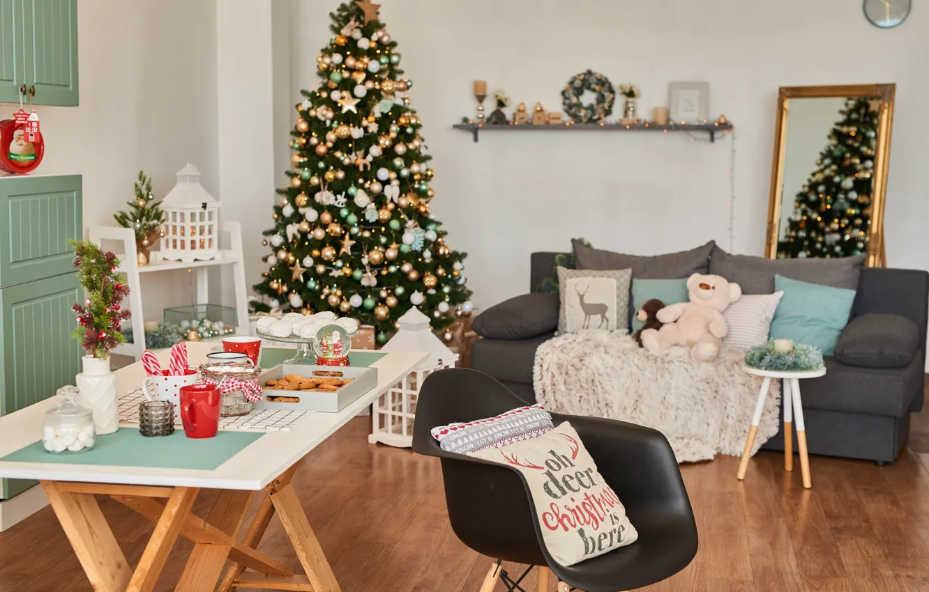 Photo wallpaper decoration, gift, tree, new year, interior, Christmas, Christmas, wood