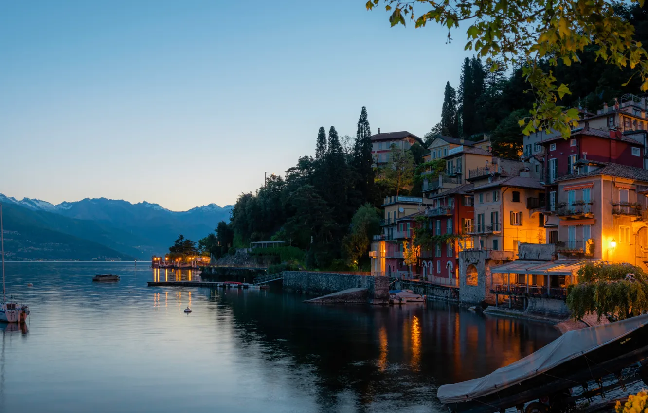 Photo wallpaper trees, landscape, mountains, lake, building, home, yacht, Italy