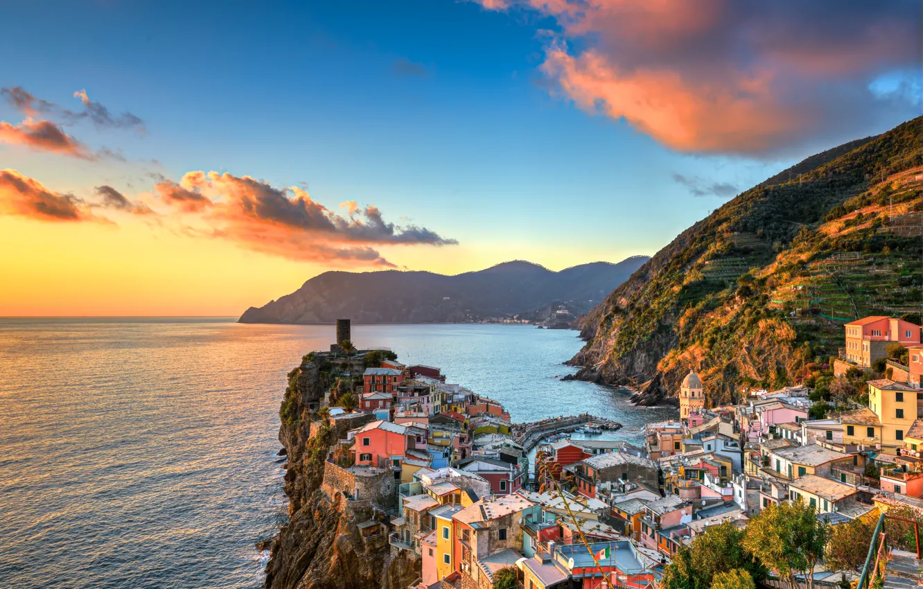 Photo wallpaper sea, sunset, mountains, coast, building, Italy, Italy, The Ligurian sea