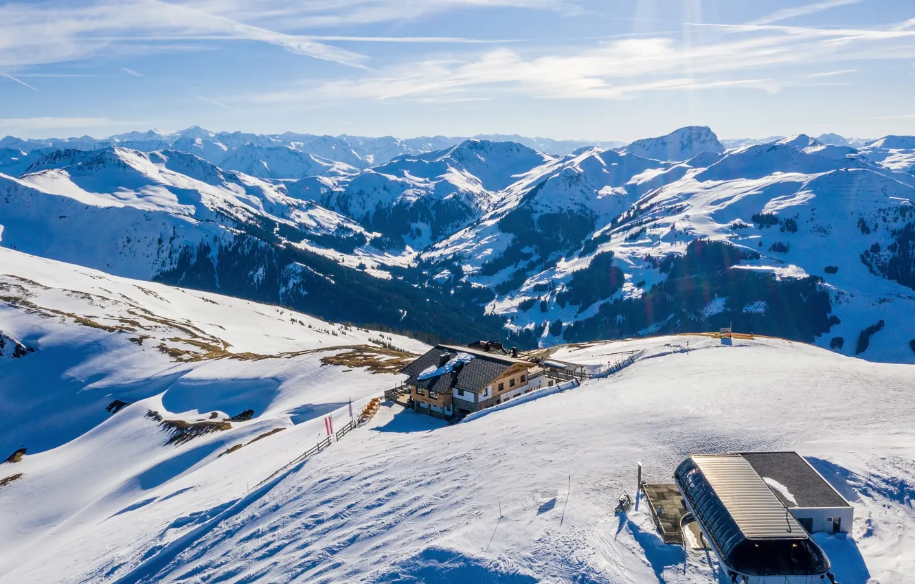 Photo wallpaper winter, the sky, clouds, light, snow, mountains, nature, blue