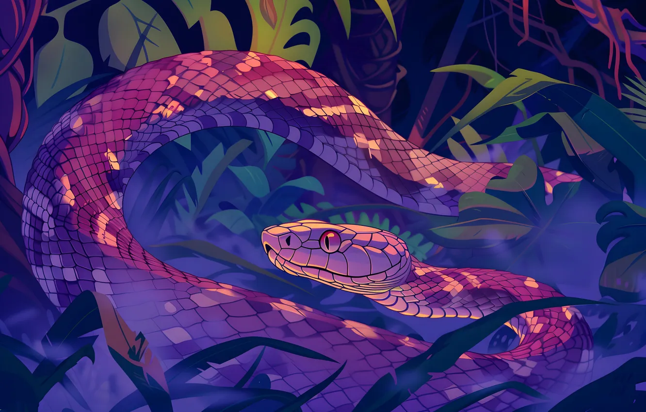 Photo wallpaper Grass, Snake, Forest, Leaves, Art, Reptile, Animal, Digital art
