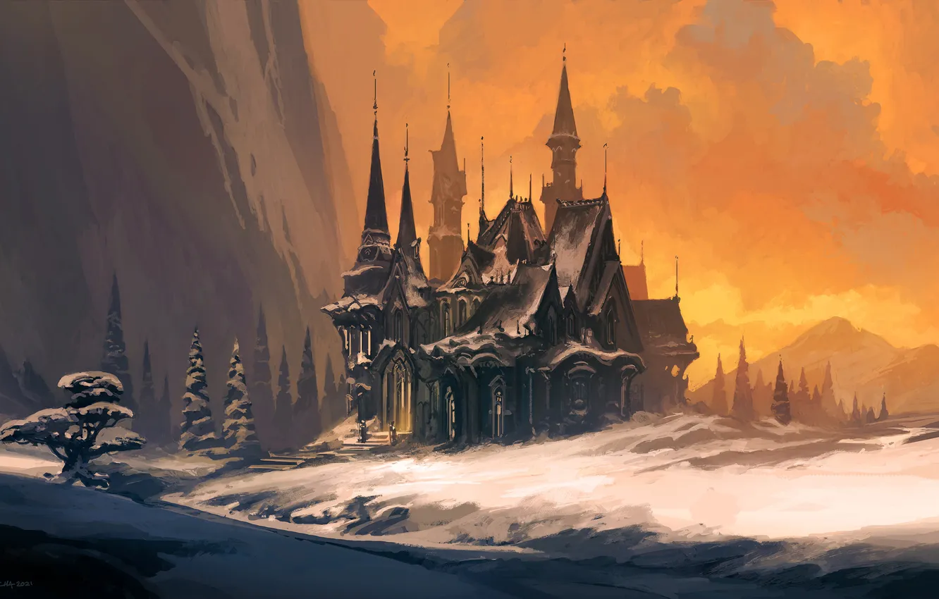 Photo wallpaper winter, snow, trees, landscape, mountains, castle, rocks, figure