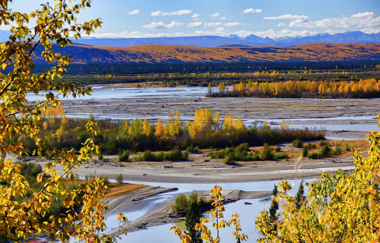 Photo wallpaper autumn, mountains, river, valley, Alaska, USA
