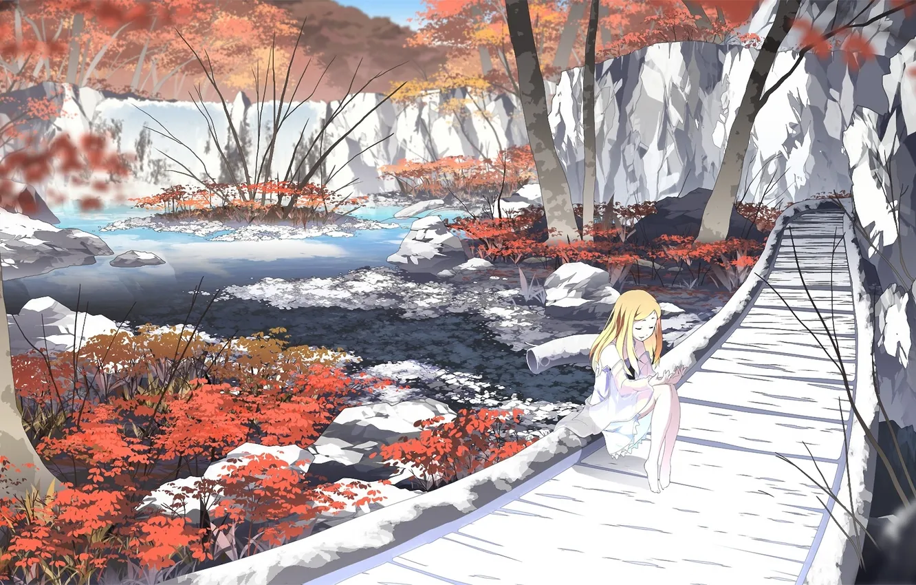 Photo wallpaper autumn, bridge, river, figure, track, girl, asakura masatoki