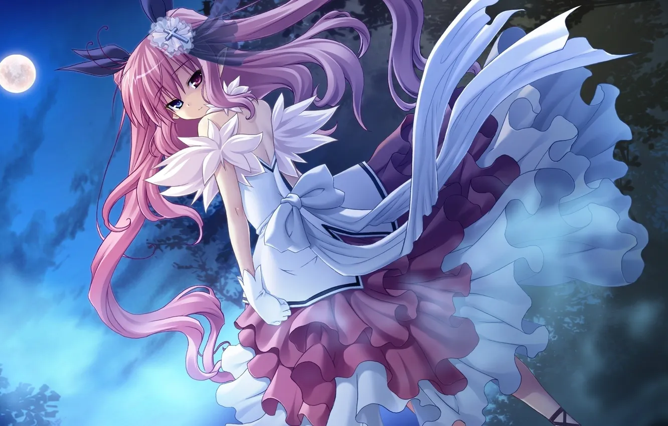 Photo wallpaper night, cross, girl, gloves, the full moon, touhou, ruffles, pink hair