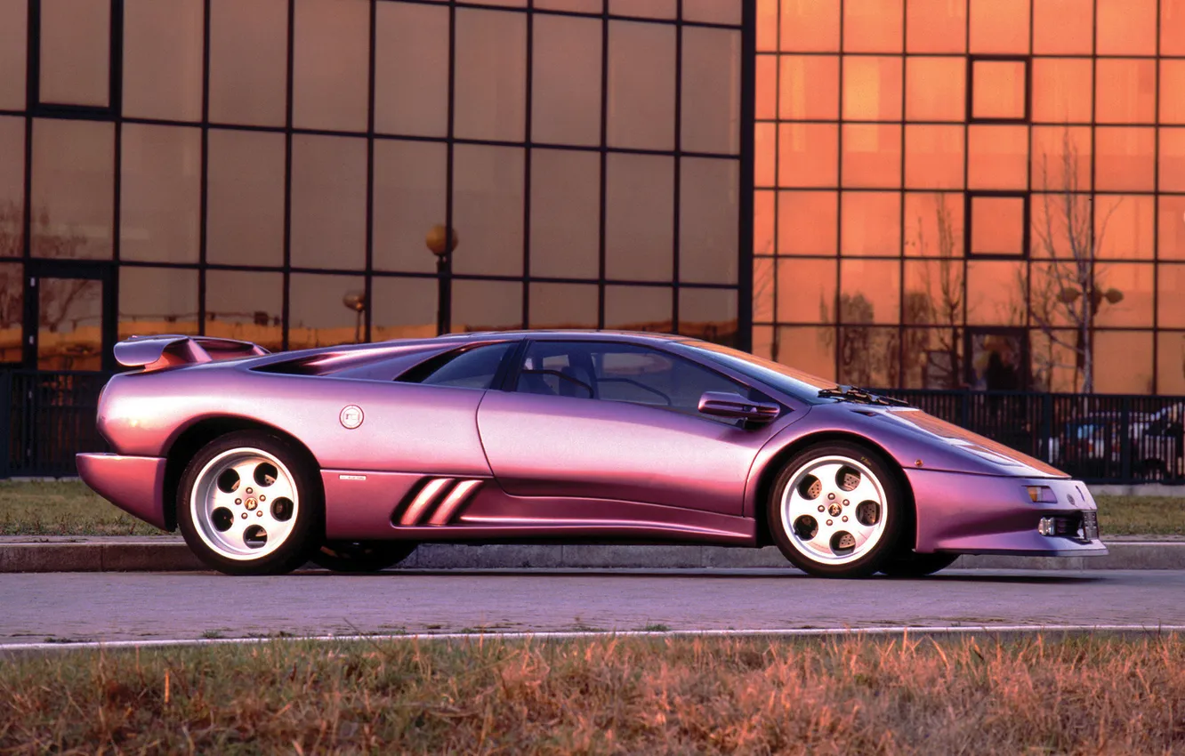 Photo wallpaper purple, building, Lamborghini, side view, diablo, Diablo