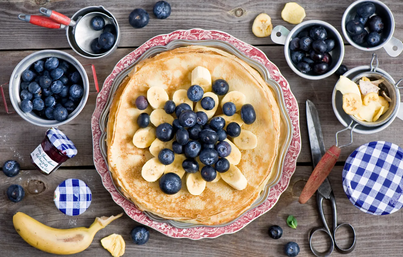 Photo wallpaper berries, food, blueberries, jars, bananas, dishes, pancakes, jam